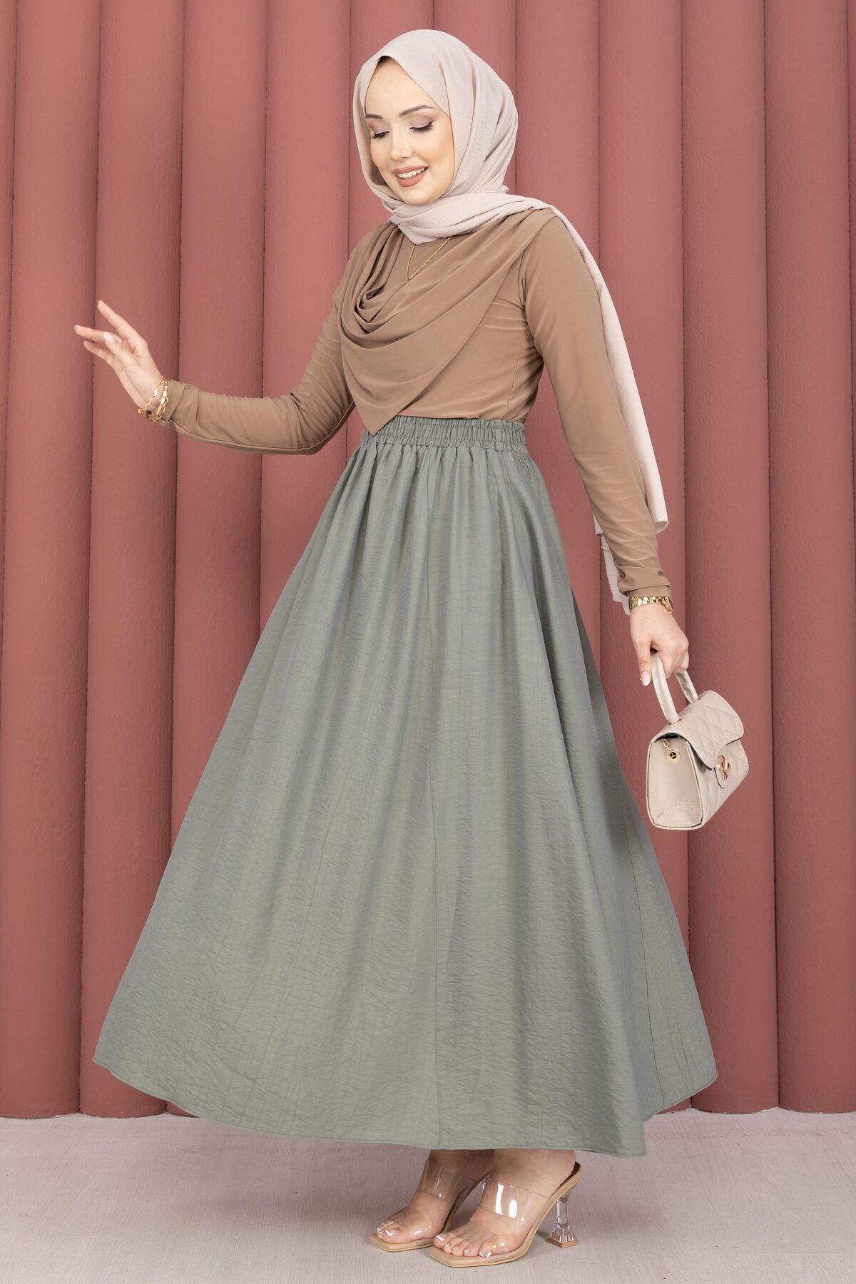 Elastic Waistband with Pocket Detail Hem Edge Skirt Mint - Image 4