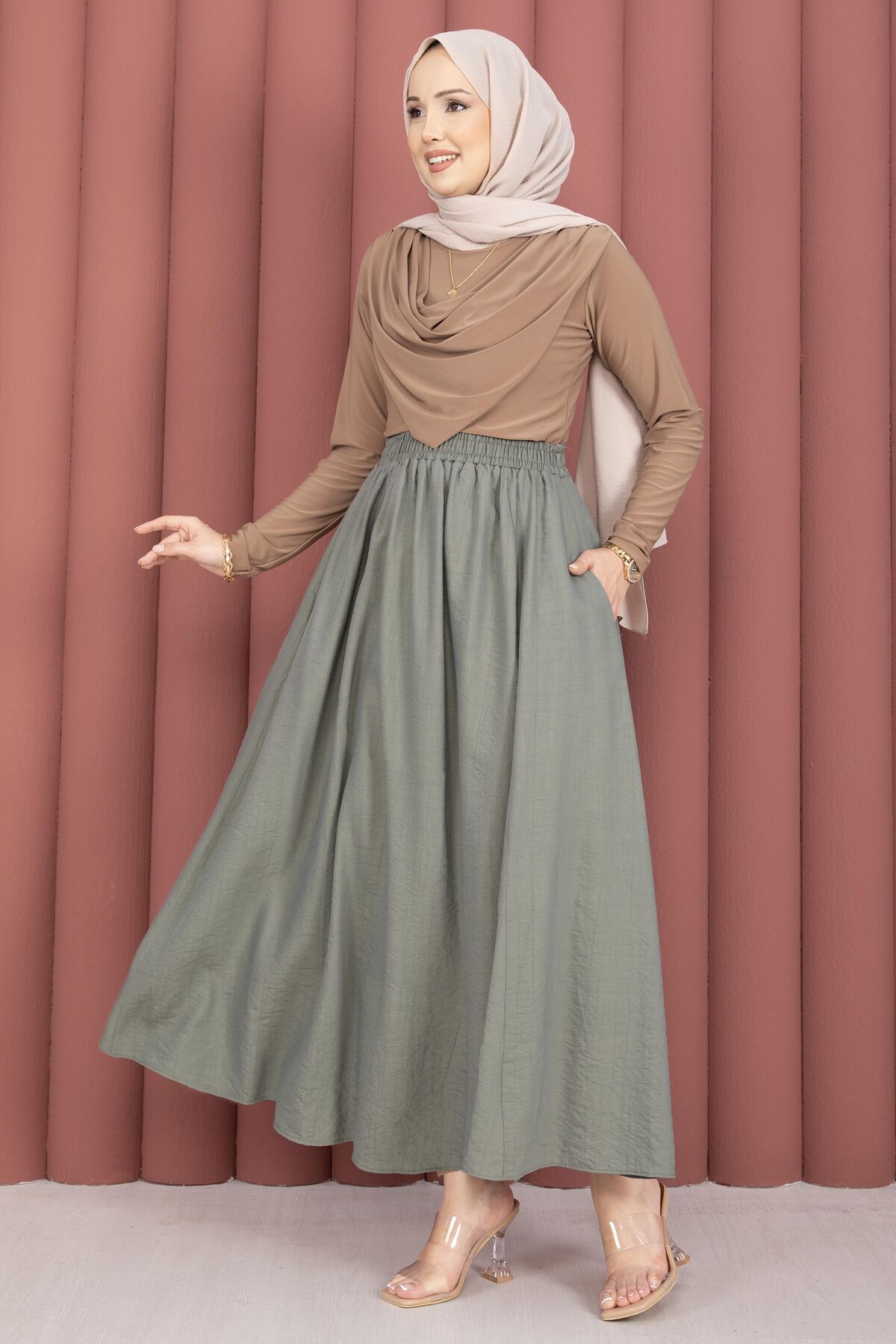 Elastic Waistband with Pocket Detail Hem Edge Skirt Mint - Image 5