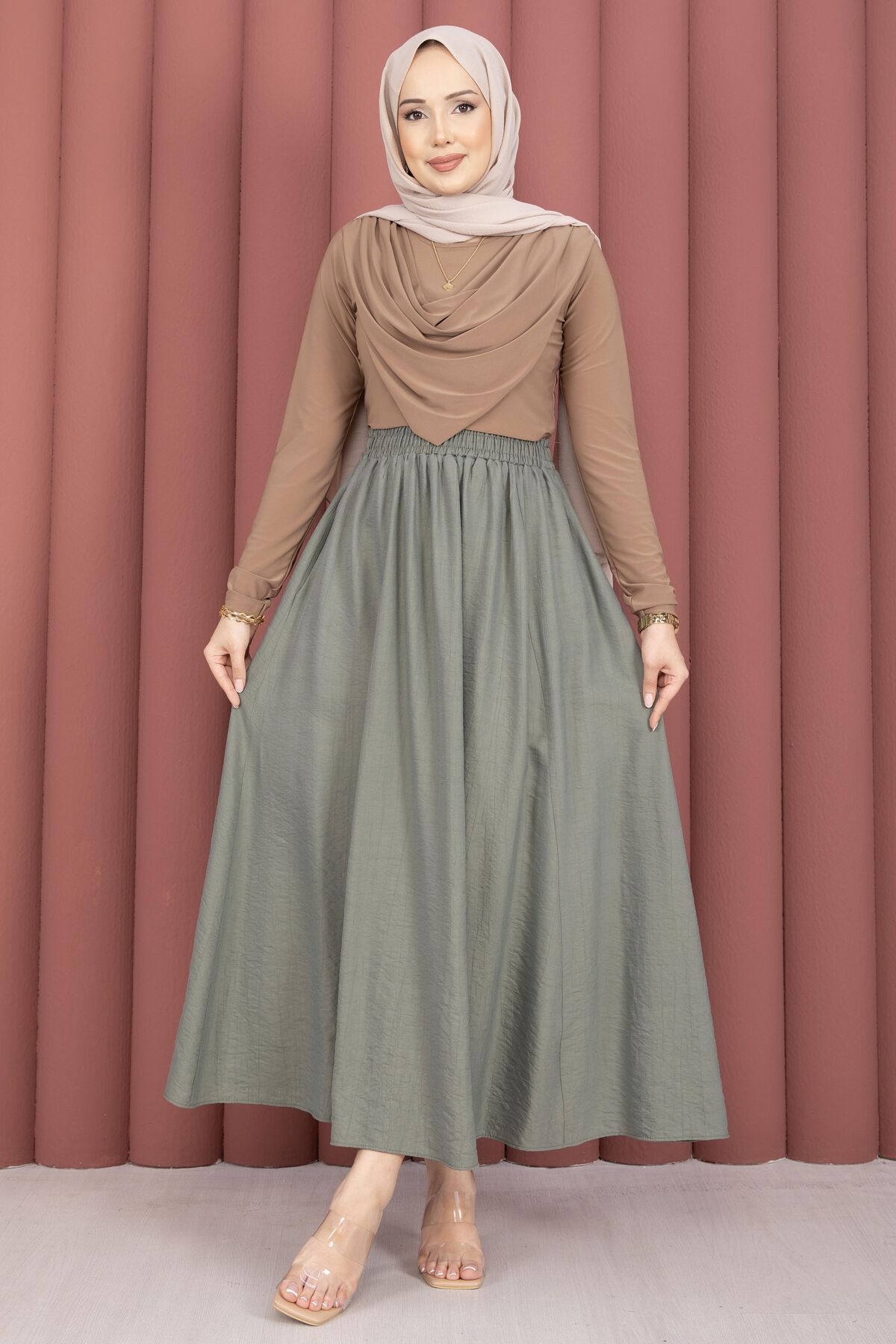 Elastic Waistband with Pocket Detail Hem Edge Skirt Mint - Image 6