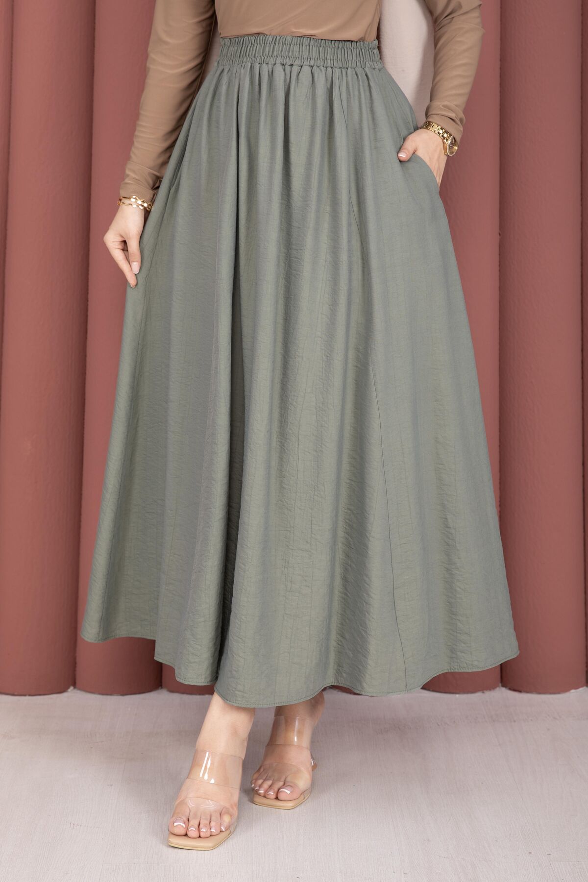 Elastic Waistband with Pocket Detail Hem Edge Skirt Mint - Image 2