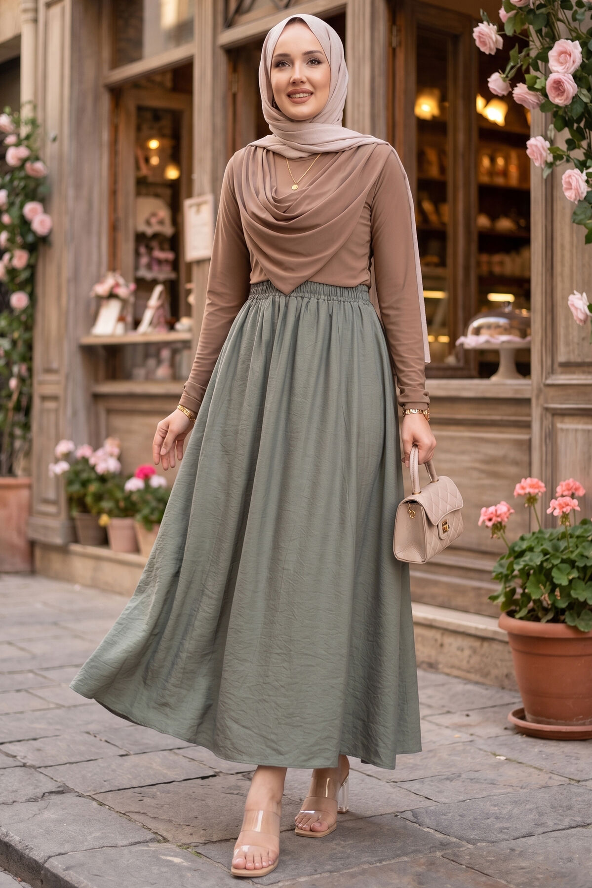 Elastic Waistband with Pocket Detail Hem Edge Skirt Mint