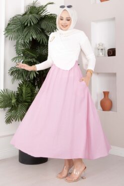 Elastic Waistband with Pocket Detail Hem Edge Skirt Pink
