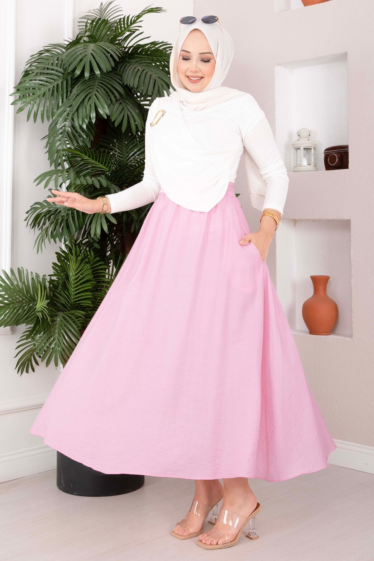 Elastic Waistband with Pocket Detail Hem Edge Skirt Pink