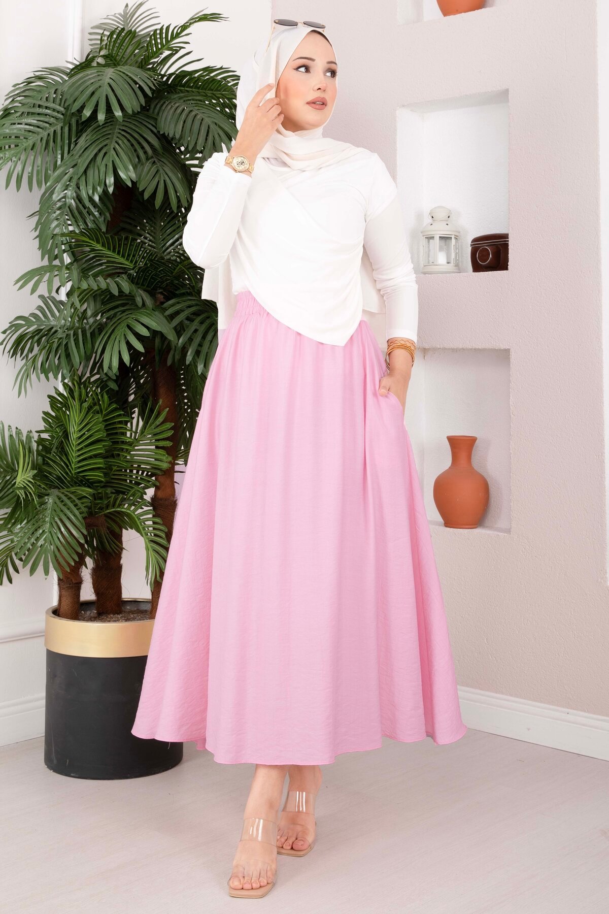 Elastic Waistband with Pocket Detail Hem Edge Skirt Pink – Bild 3