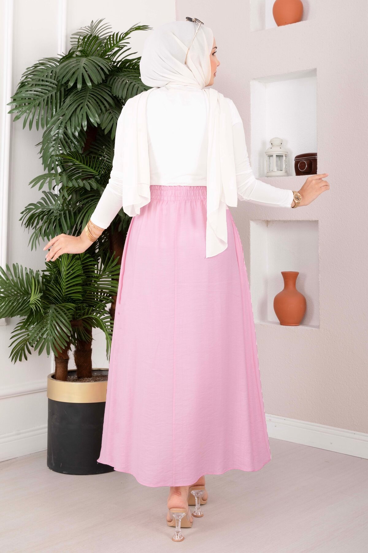 Elastic Waistband with Pocket Detail Hem Edge Skirt Pink – Bild 4
