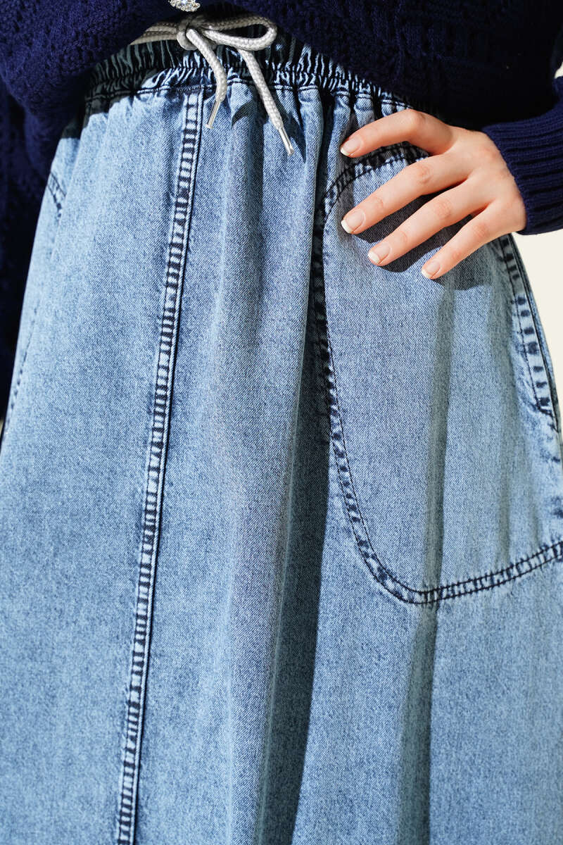 Elastic Waist Pocket Denim Skirt Denim Blue - الصورة 4