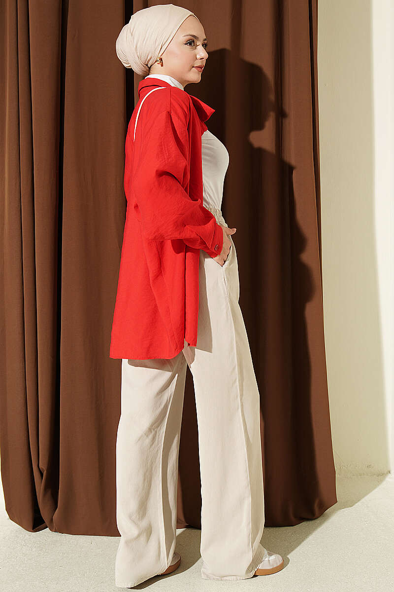 Elastic Waist Pocketed Tencel Trousers Beige - Imagen 3
