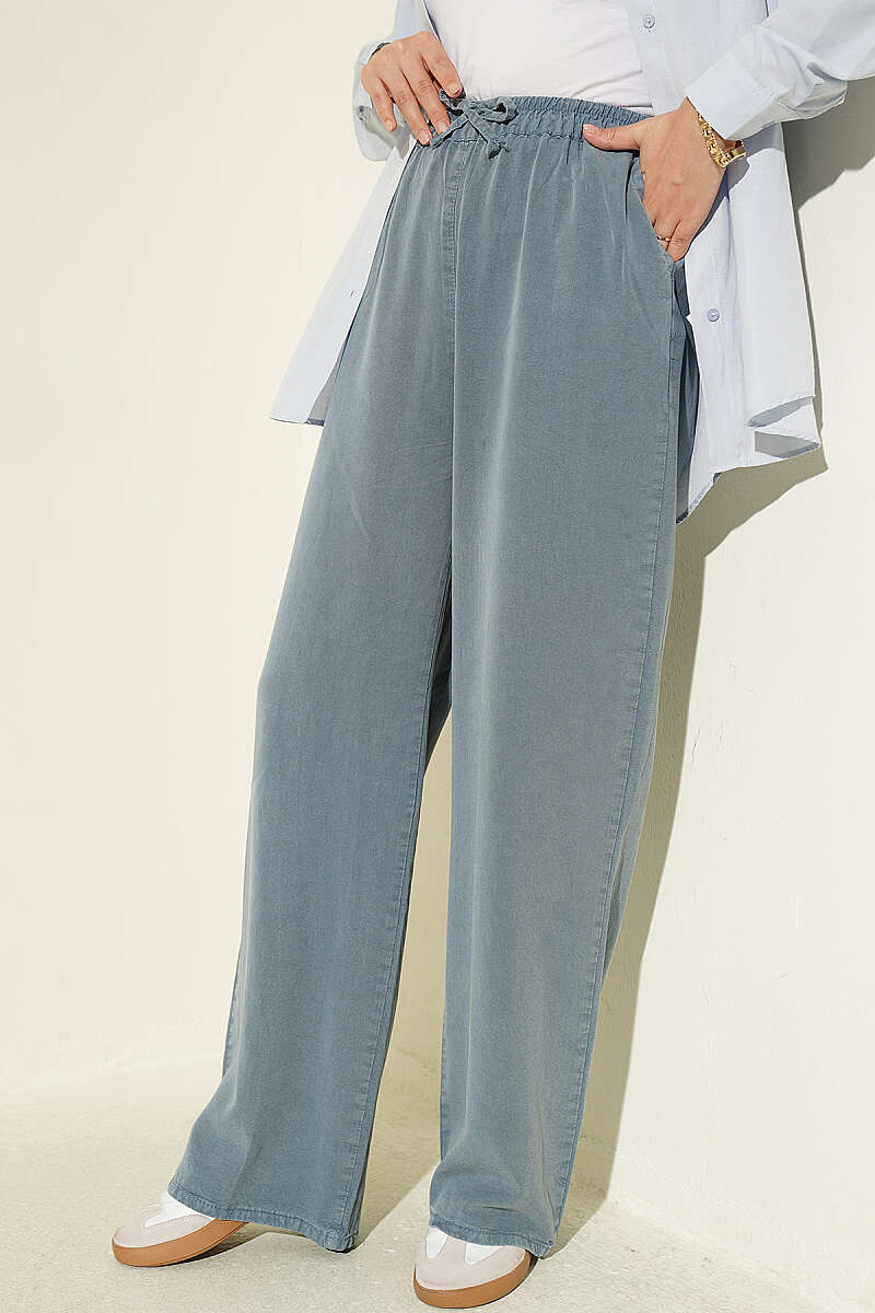 Elastic Waist Pocketed Tencel Trousers Indigo