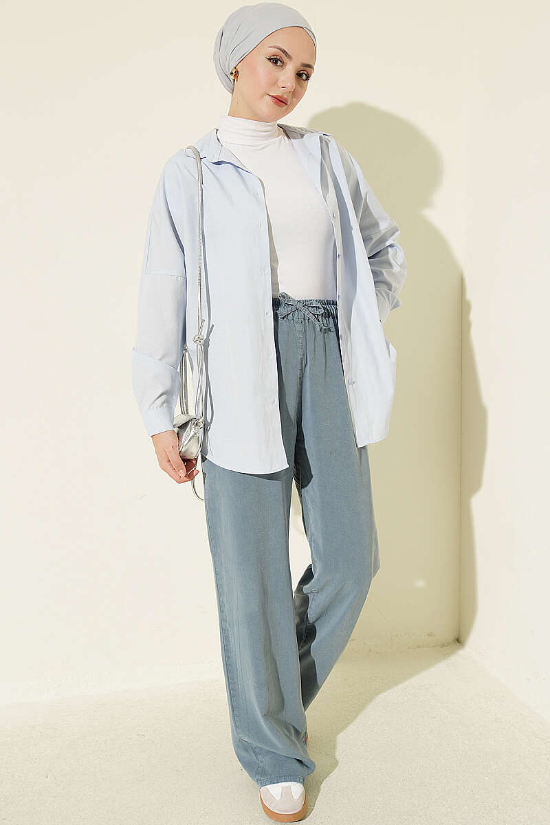 Elastic Waist Pocketed Tencel Trousers Indigo - immagine 2
