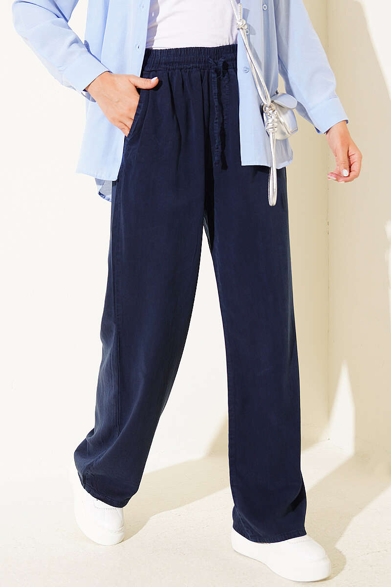 Elastic Waist Pocketed Tencel Trousers Navy Blue