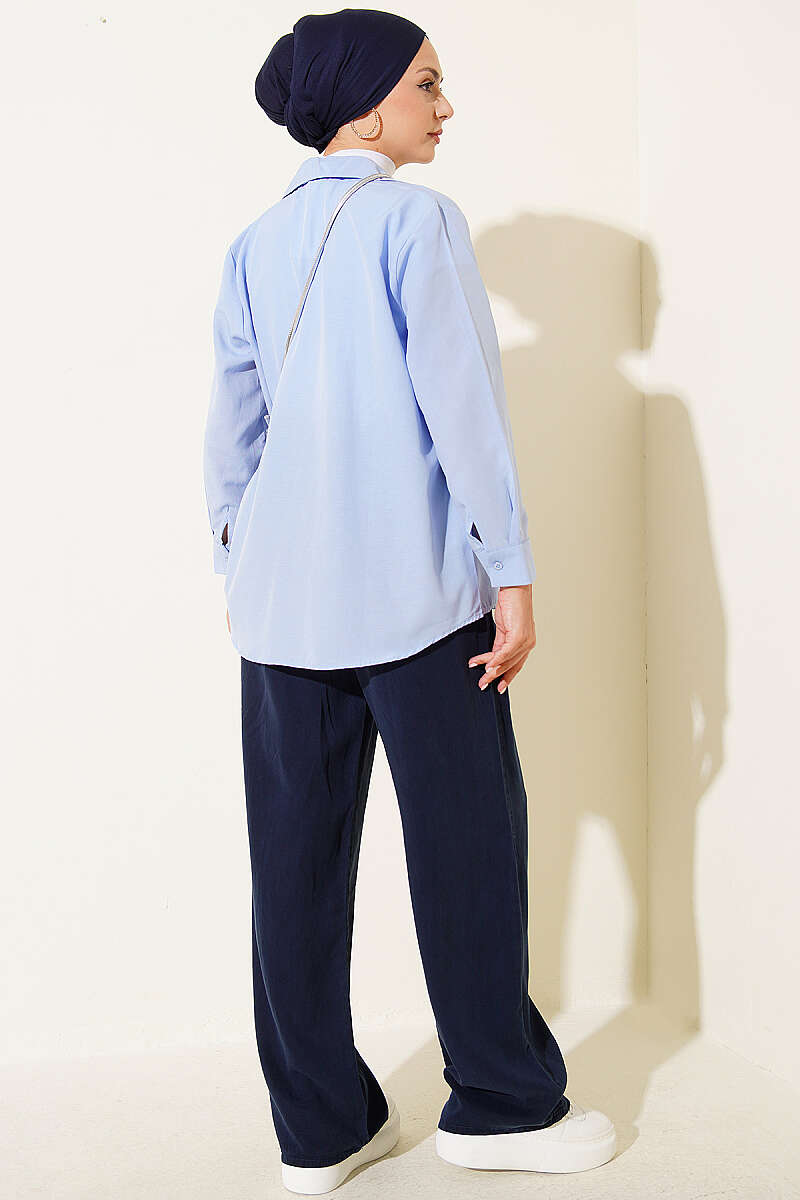 Elastic Waist Pocketed Tencel Trousers Navy Blue - الصورة 3
