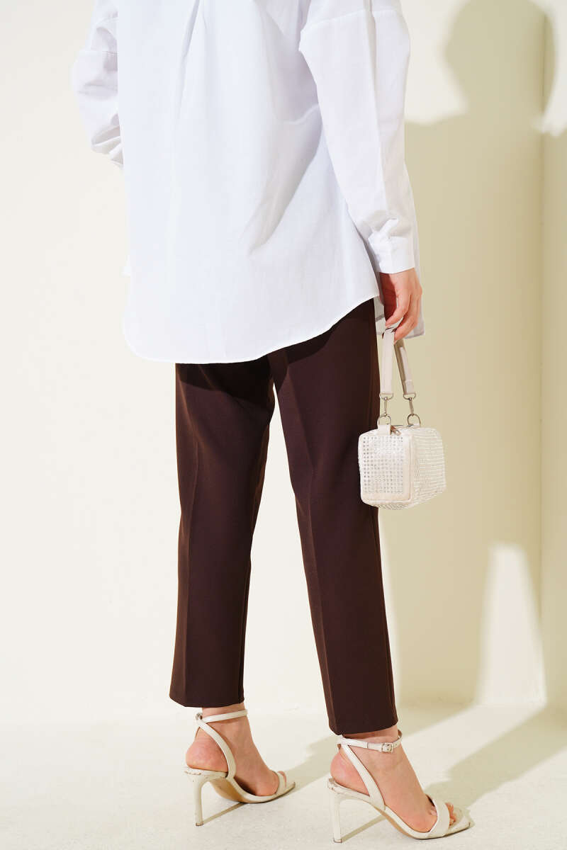 Elastic Waist Slim Fit Trousers Dark Brown - Imagen 3