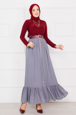 Elastic Waist Button Detail Modest Skirt Grey