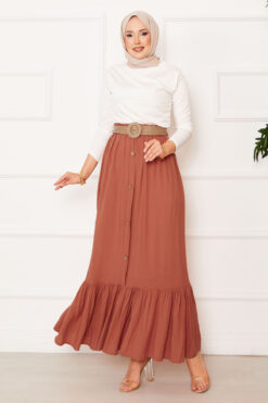 Elastic Waist Button Detail Modest Skirt Terracotta
