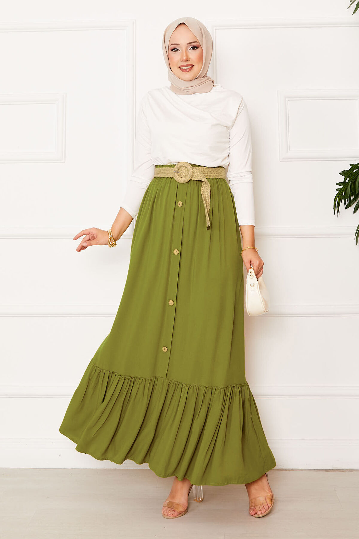 Elastic Waist Button Detail Modest Skirt Green