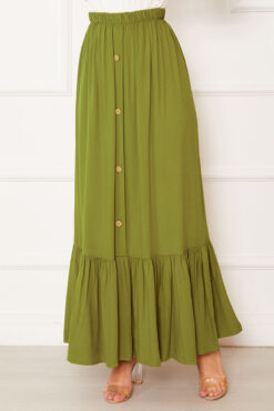 Alternative view of Elastic Waist Button Detail Modest Skirt Green