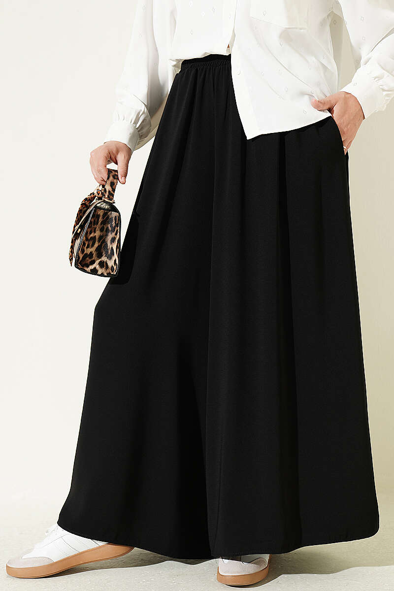 Elastic Waist Wide-Leg Fabric Trousers Black
