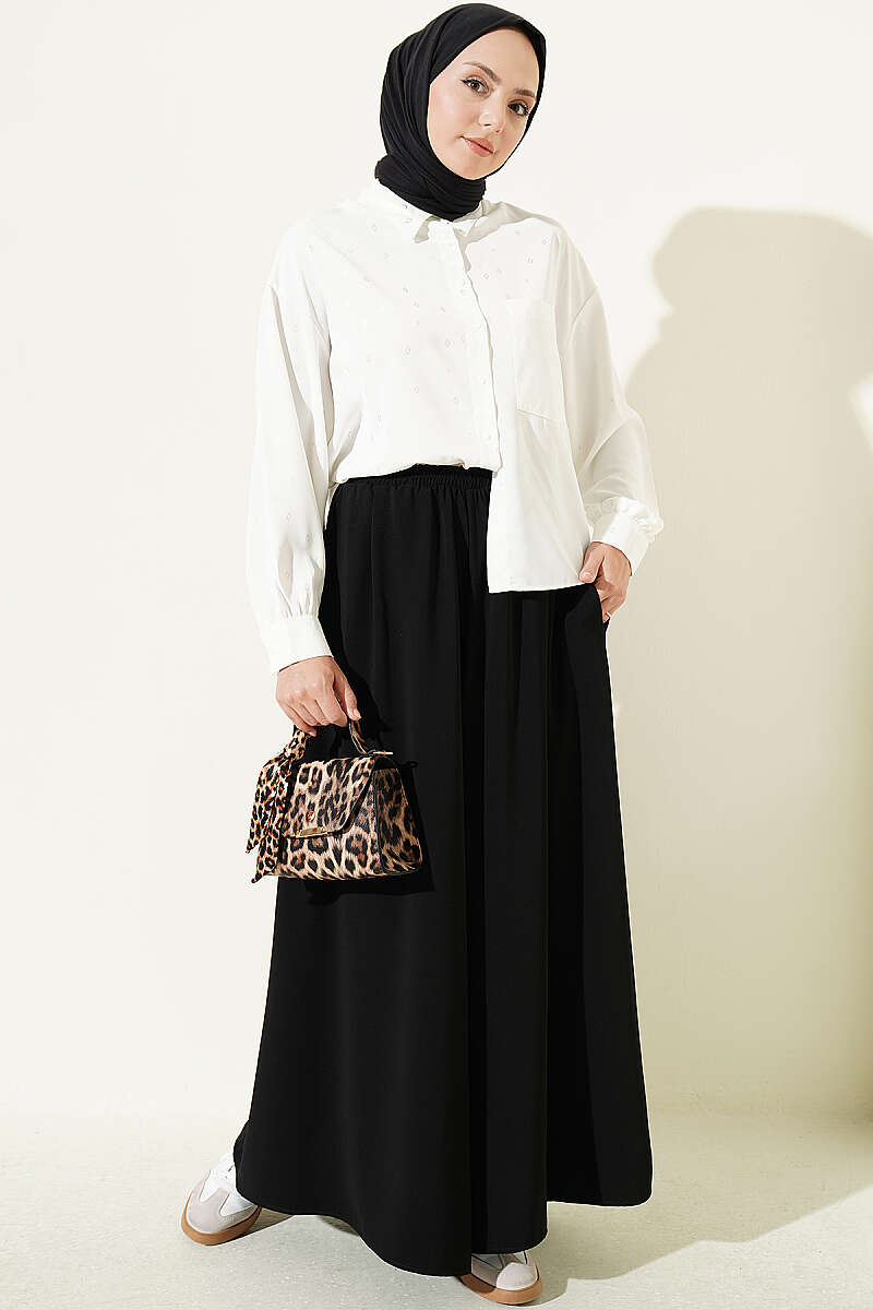 Elastic Waist Wide-Leg Fabric Trousers Black - الصورة 2