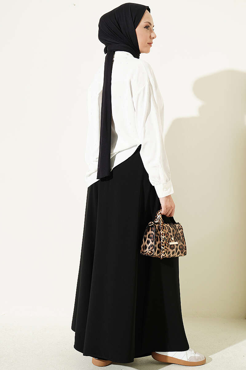 Elastic Waist Wide-Leg Fabric Trousers Black - الصورة 3