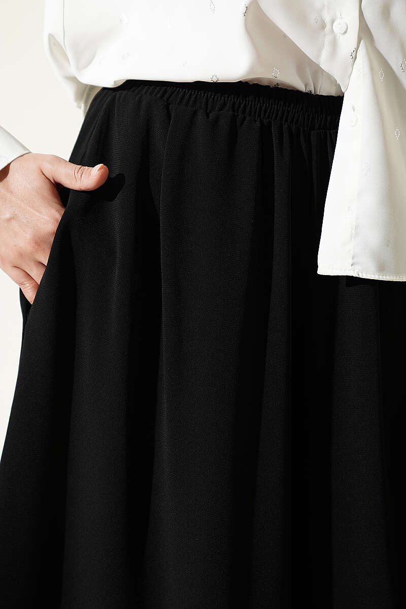 Elastic Waist Wide-Leg Fabric Trousers Black - الصورة 4