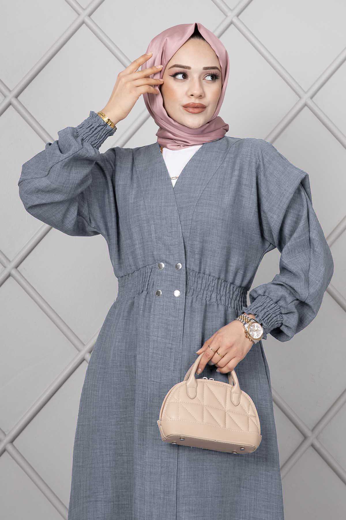 Long Elastic Waist Modest Coat Grey - Image 2