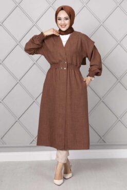Long Elastic Waist Modest Coat Brown