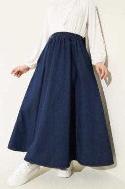 Elastic Waist Flared Denim Skirt Navy Blue