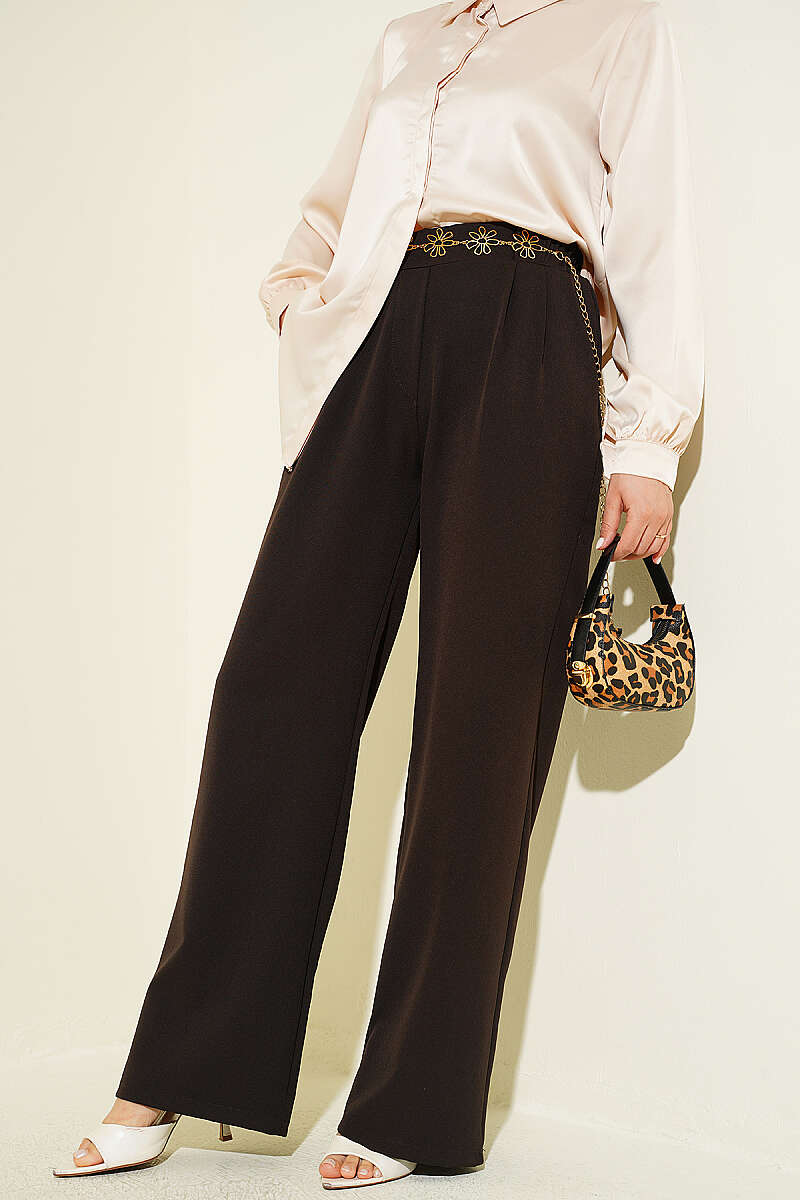 Elastic Waist Pleated Front Pants Dark Brown