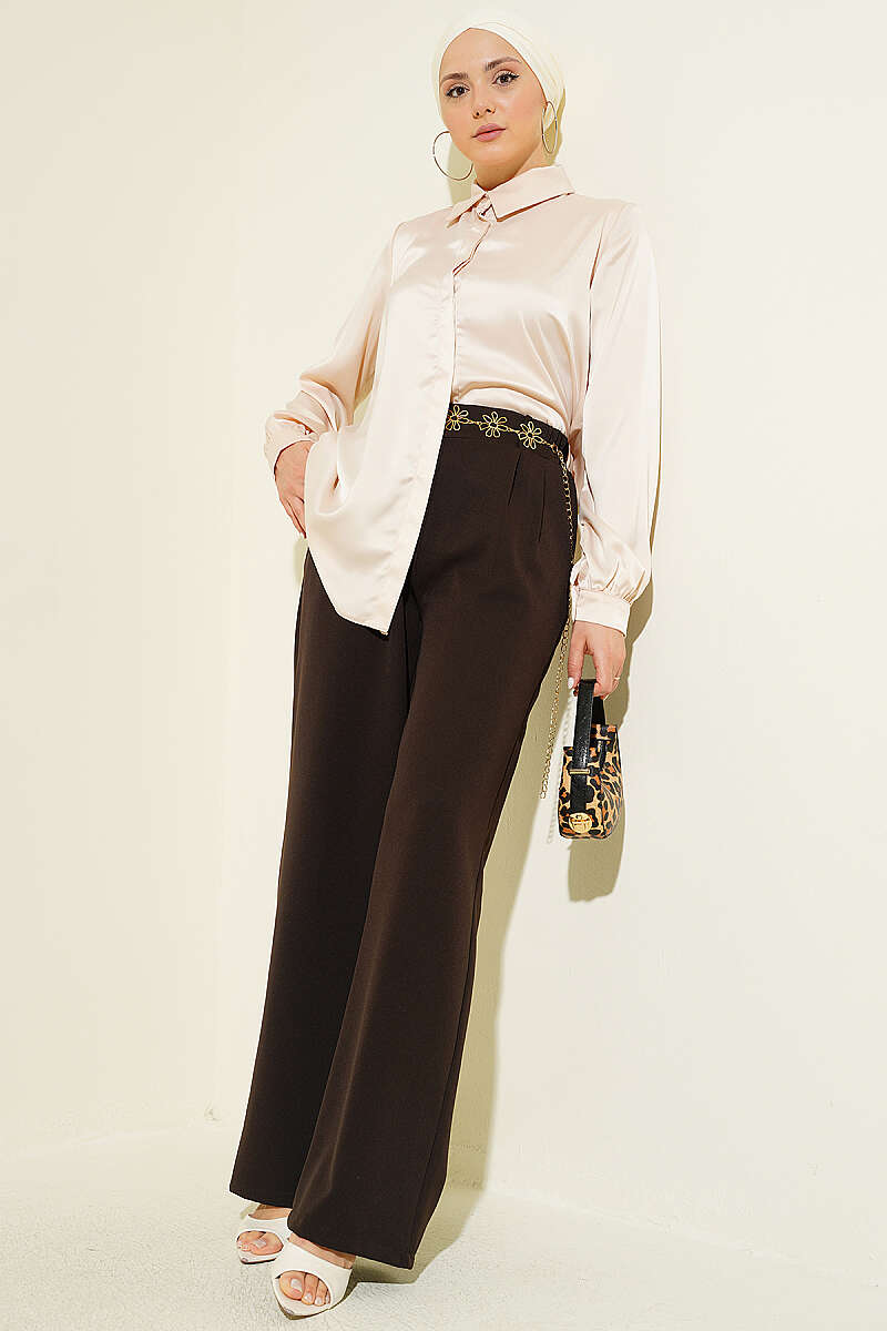 Elastic Waist Pleated Front Pants Dark Brown - Image 2