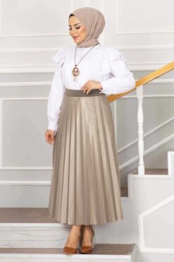 Elastic Waist Pleated Modest Skirt Beige