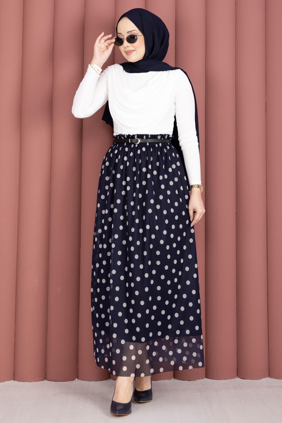 Elastic Waist Polka Dot Chiffon Tulle Summer Skirt Navy Blue - الصورة 3