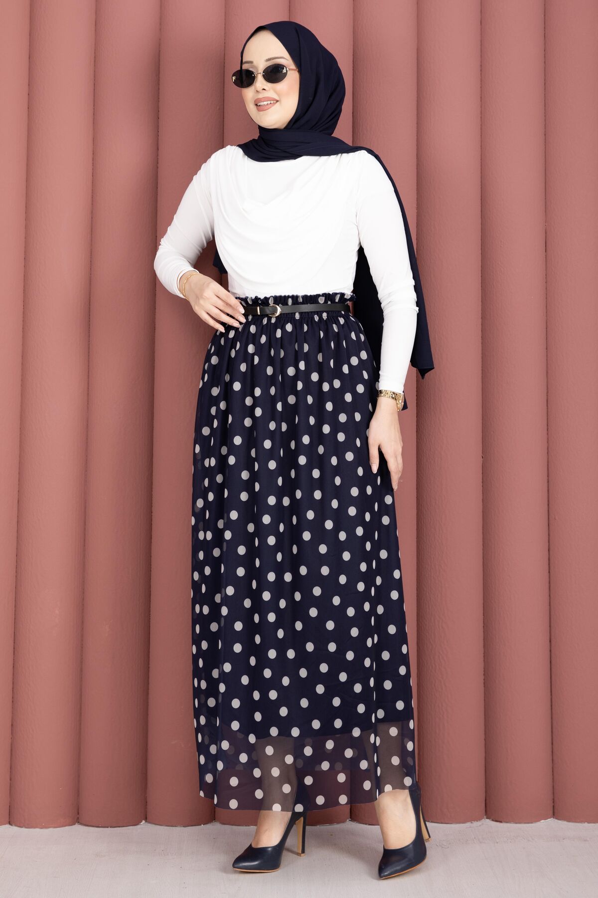 Elastic Waist Polka Dot Chiffon Tulle Summer Skirt Navy Blue - الصورة 4