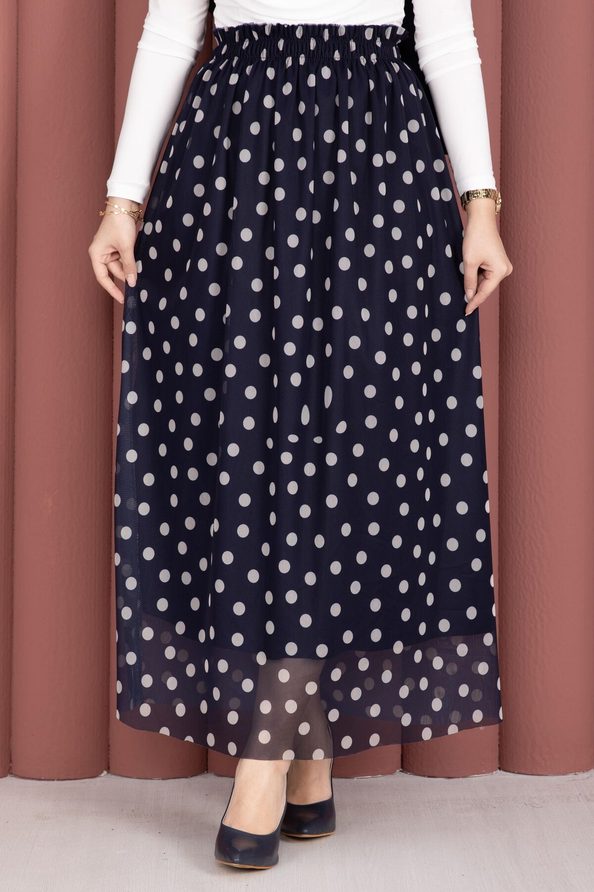 Elastic Waist Polka Dot Chiffon Tulle Summer Skirt Navy Blue - الصورة 2