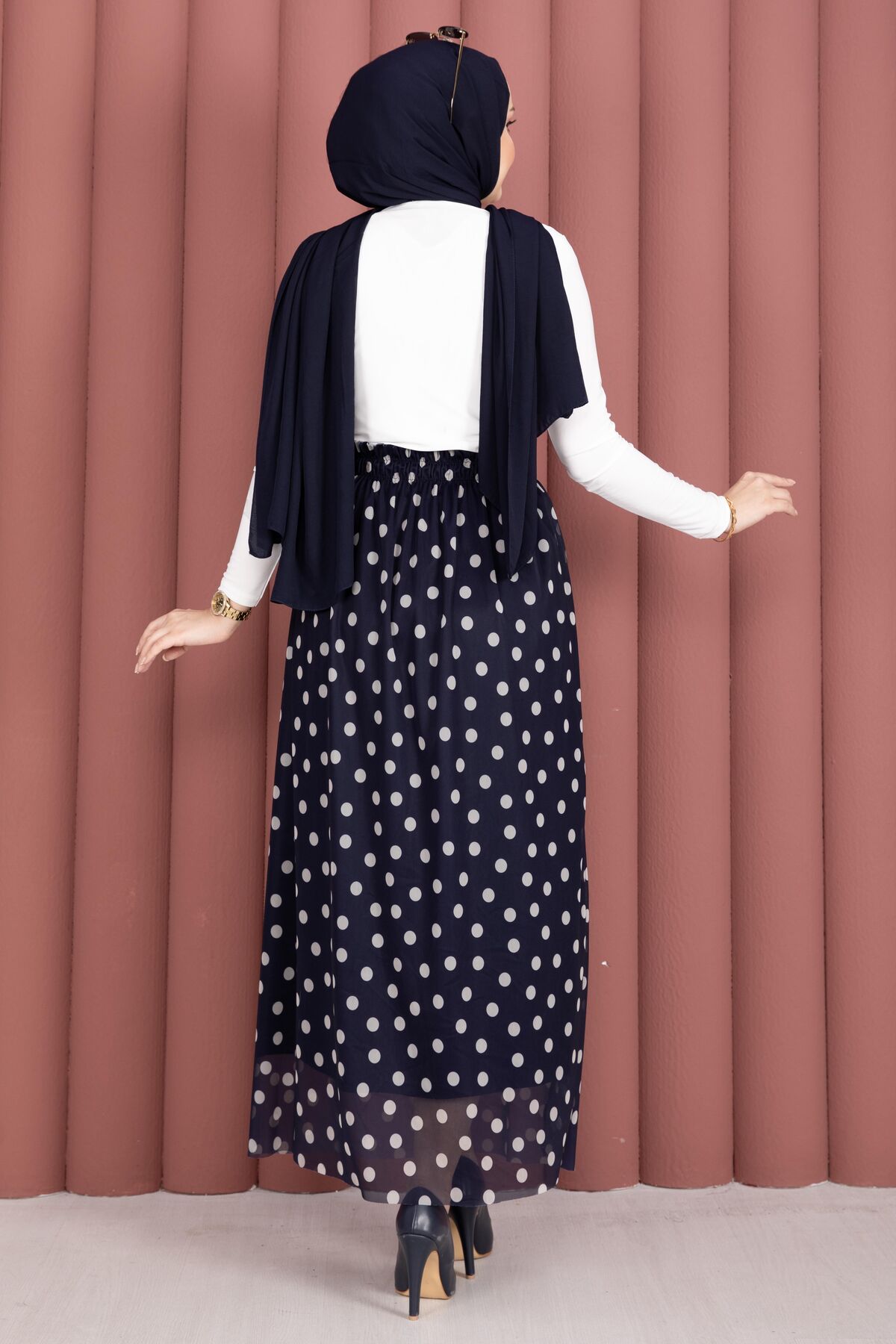 Elastic Waist Polka Dot Chiffon Tulle Summer Skirt Navy Blue - الصورة 5