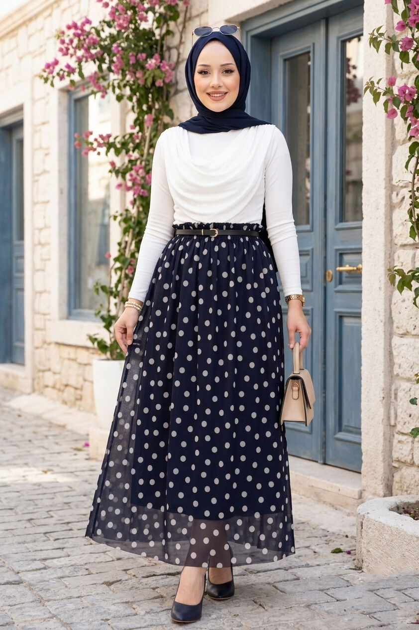 Elastic Waist Polka Dot Chiffon Tulle Summer Skirt Navy Blue