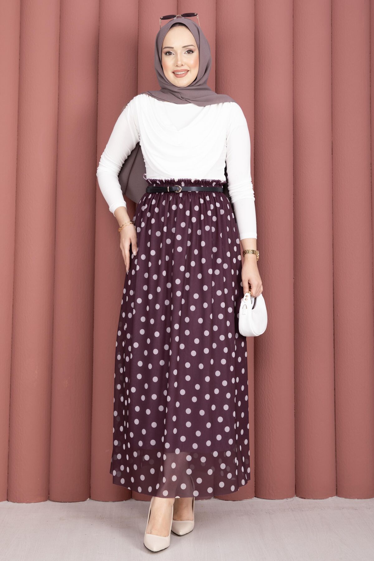 Elastic Waist Polka Dot Chiffon Tulle Summer Skirt Plum - Imagen 4