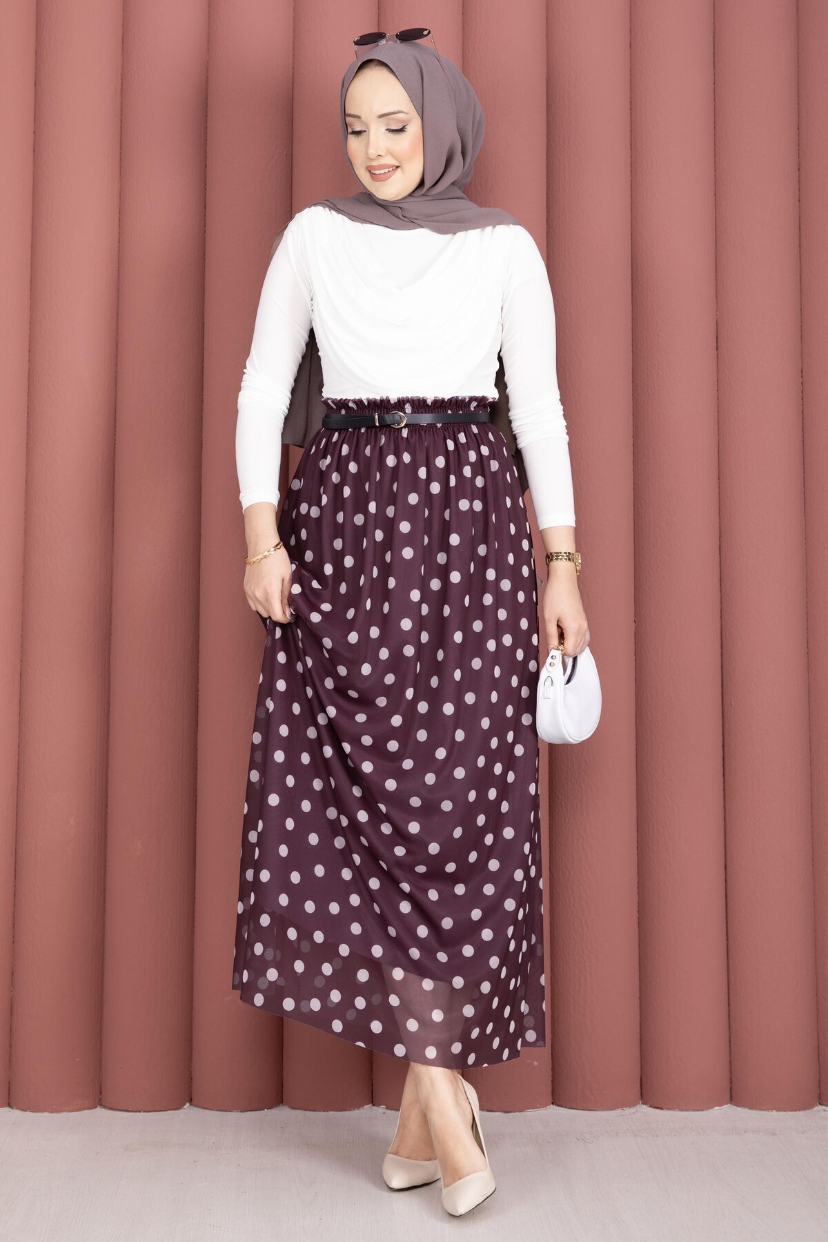 Elastic Waist Polka Dot Chiffon Tulle Summer Skirt Plum - Imagen 3