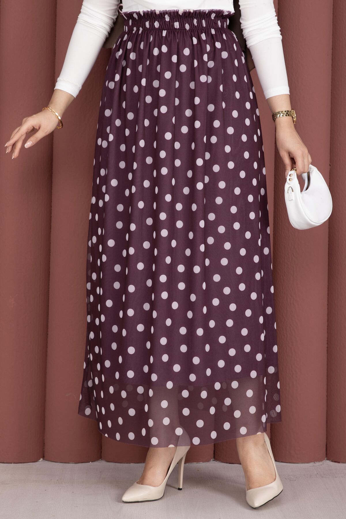 Elastic Waist Polka Dot Chiffon Tulle Summer Skirt Plum - Imagen 2