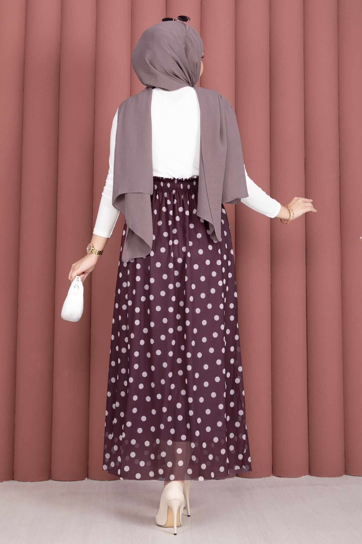 Elastic Waist Polka Dot Chiffon Tulle Summer Skirt Plum - Imagen 5