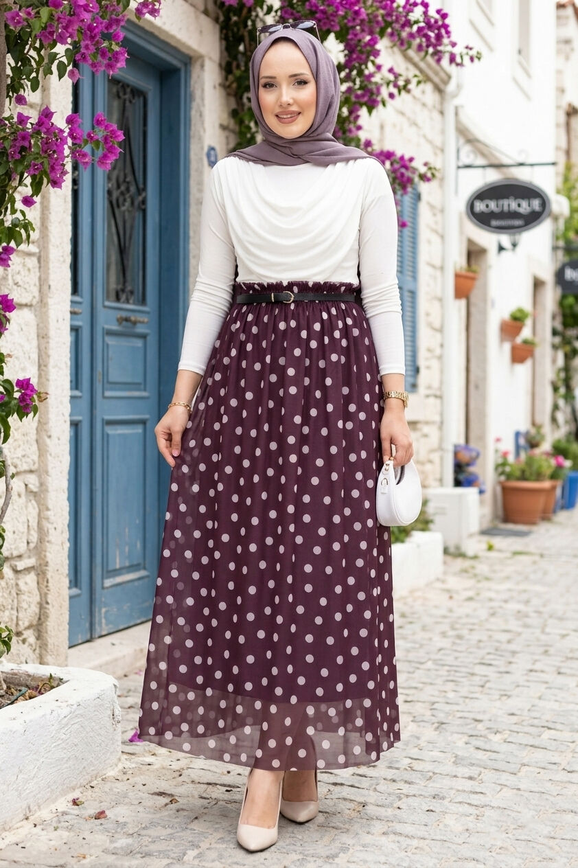 Elastic Waist Polka Dot Chiffon Tulle Summer Skirt Plum