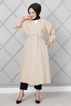 Long Elastic Waist Modest Coat Beige