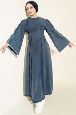 Waist-Detail Embroidered Denim Dress Denim Blue