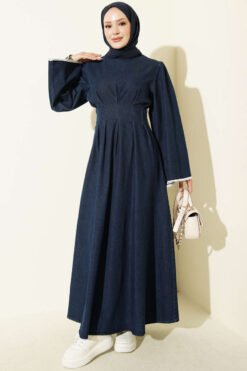 Waist-Detail Embroidered Denim Dress Dark Blue