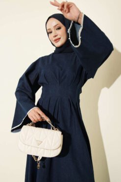 Alternative view of Waist-Detail Embroidered Denim Dress Dark Blue