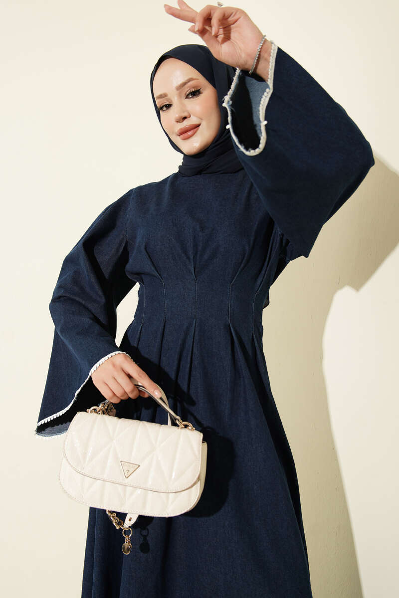 Waist-Detail Embroidered Denim Dress Dark Blue - Image 2