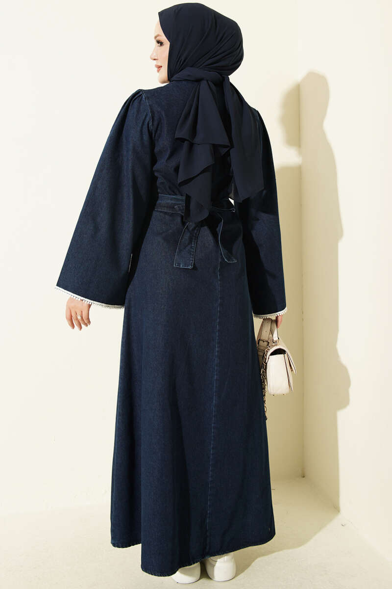 Waist-Detail Embroidered Denim Dress Dark Blue - Image 3