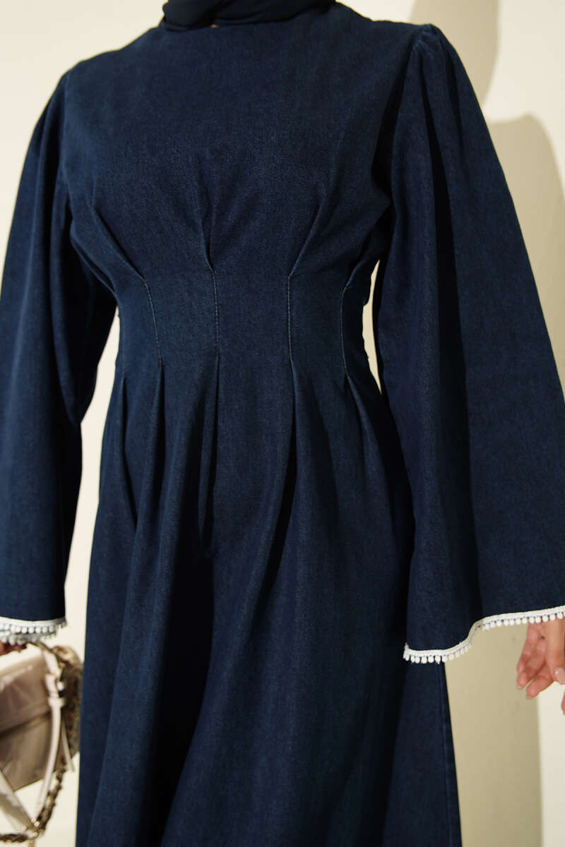 Waist-Detail Embroidered Denim Dress Dark Blue - Image 4