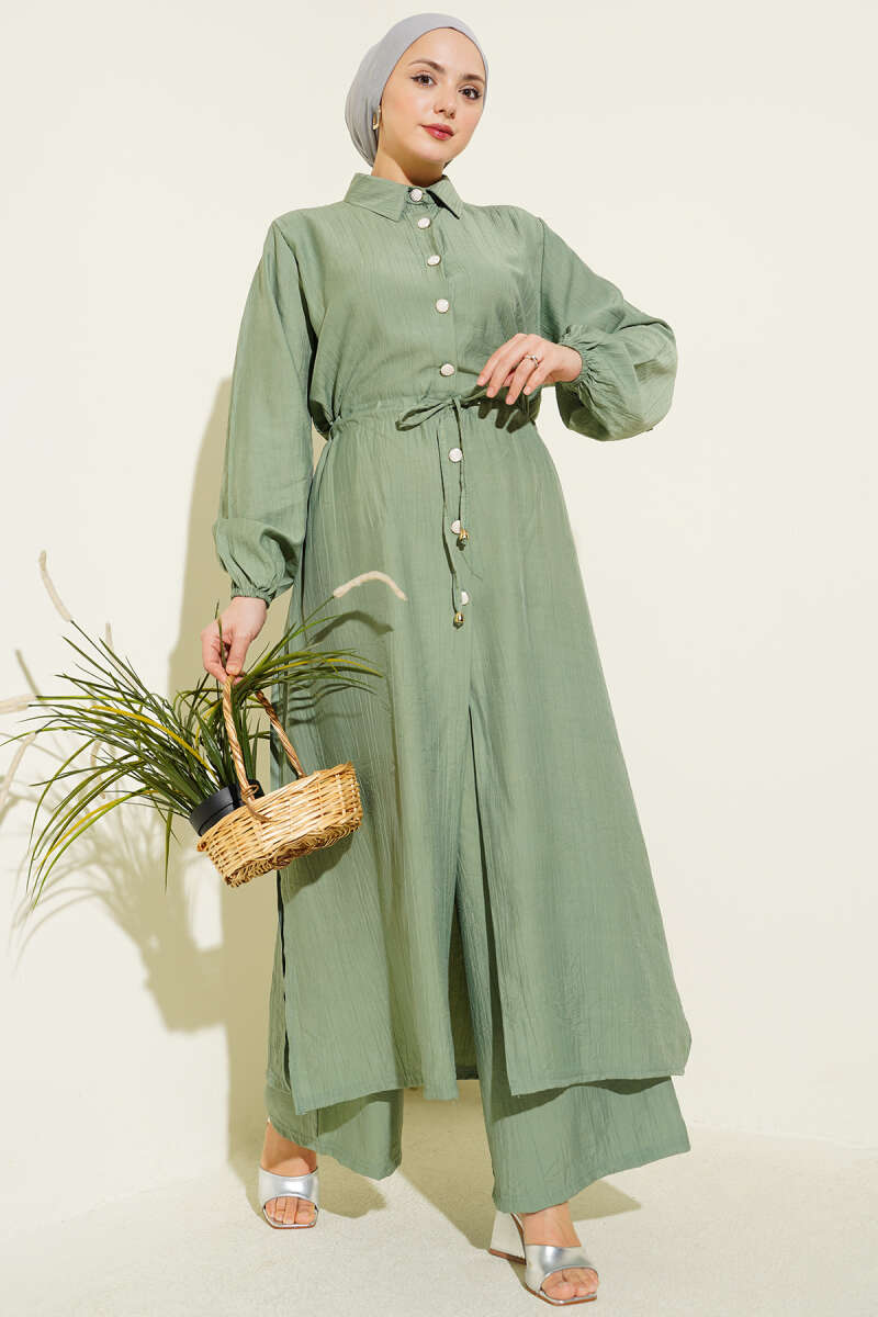 Belted Tunic with Buttons Long Two-Piece Set Hazel