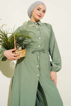 Alternative view of Belted Tunic with Buttons Long Two-Piece Set Hazel