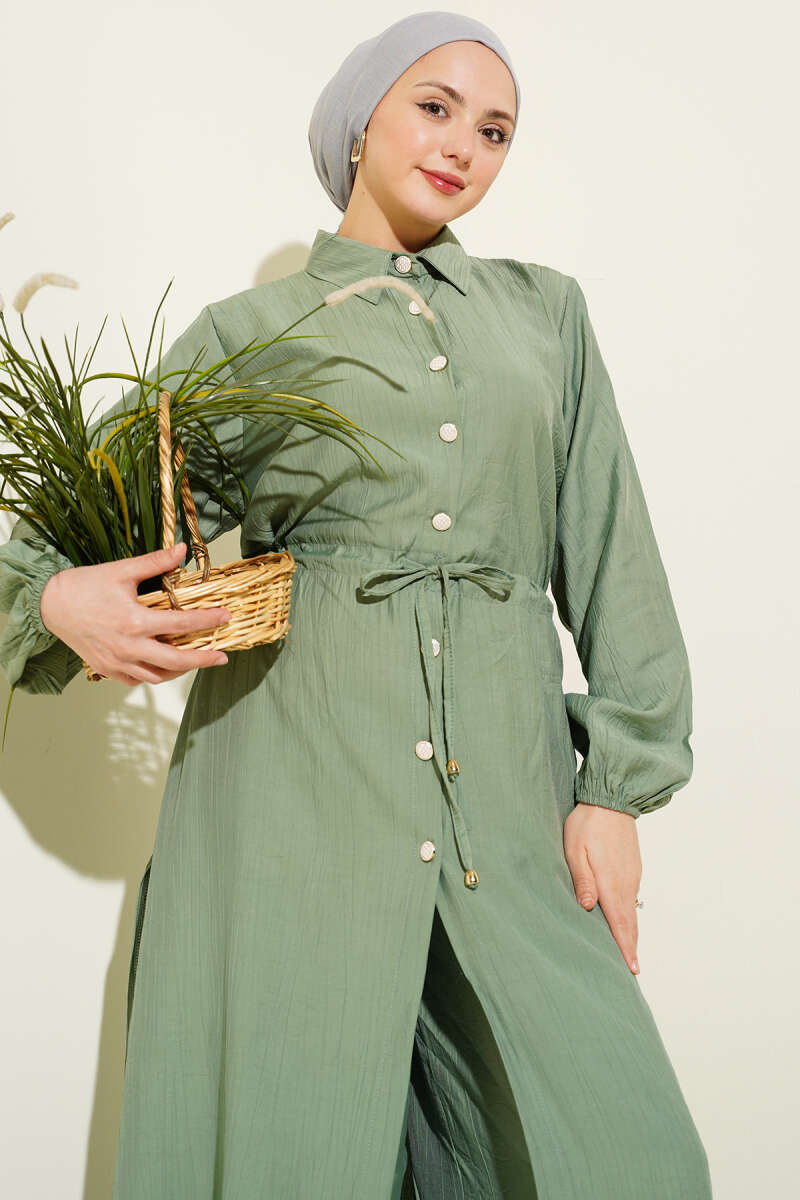 Belted Tunic with Buttons Long Two-Piece Set Hazel - Image 2
